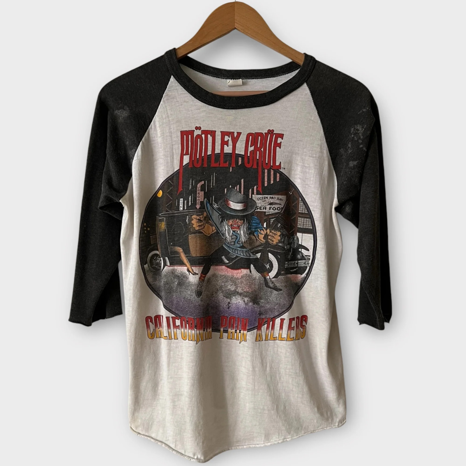 T-shirt Vintage Motley Crue 1985 - Raglan Rouge Et Gris - Taille L - Modifié