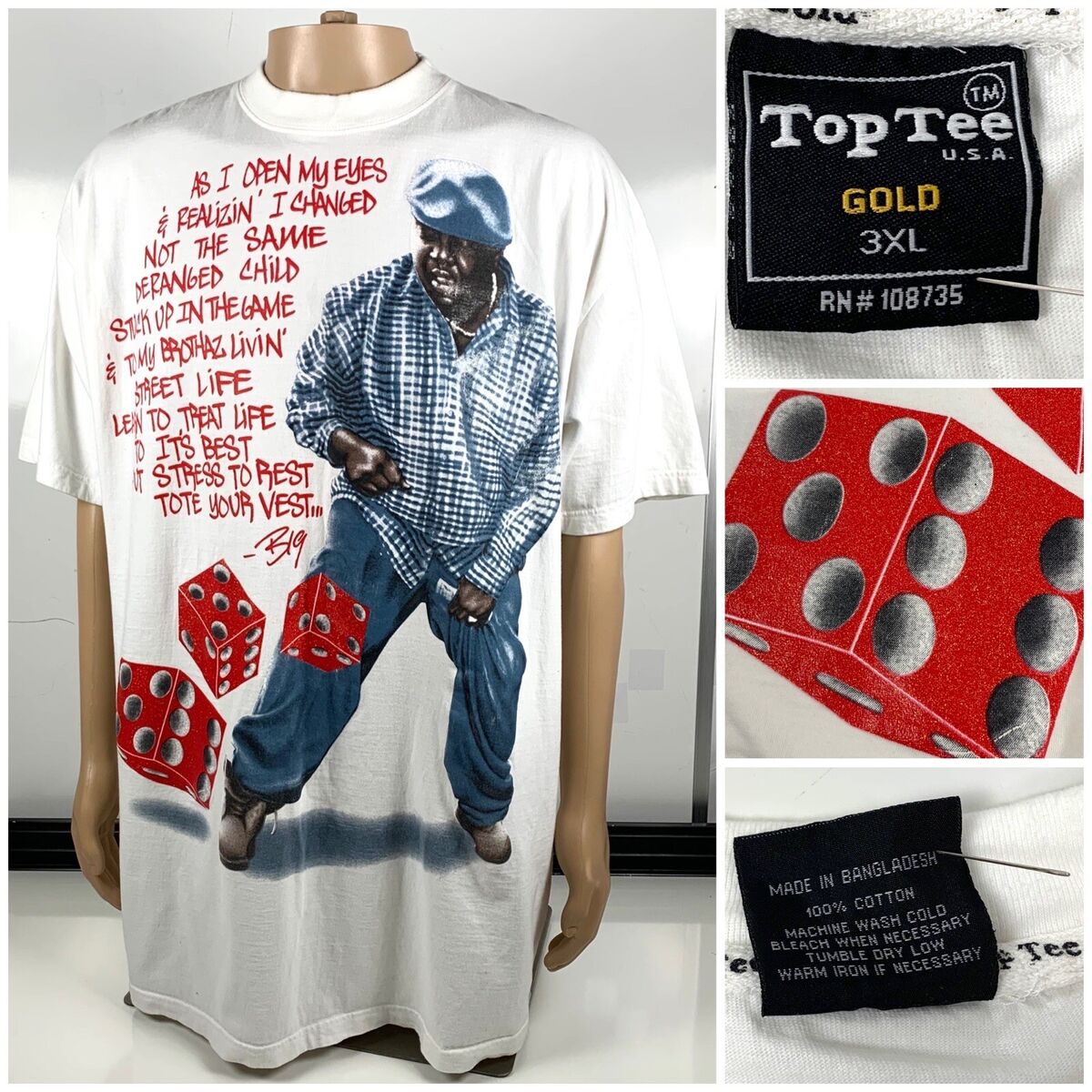 Vintage Notorious BIG T Shirt Biggie Smalls Lyrics Dice Rap Tee Size 3XL