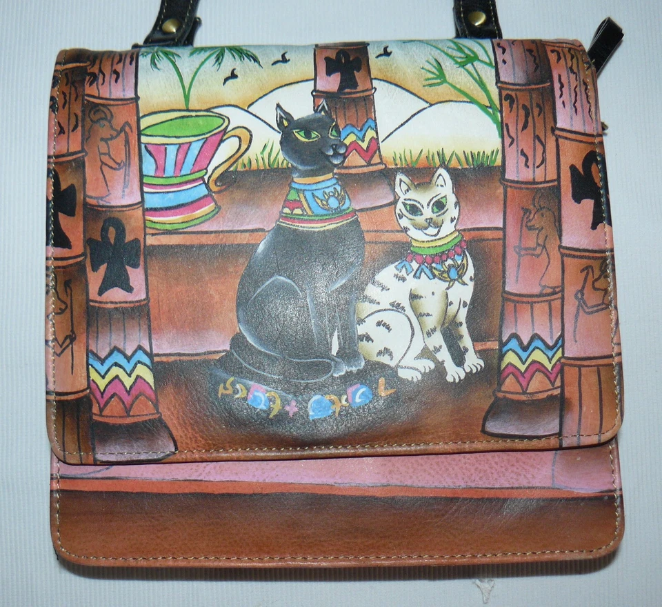 Sharif Bolso de Hombro Cartera Pintado a Mano Gatos Egipcios Bandolera 23" Correa Foto 3 de 4