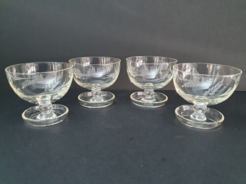 Vintage Etched Glass Sundae Dishes With Attached Saucers X 4 - Picture 1 of 7