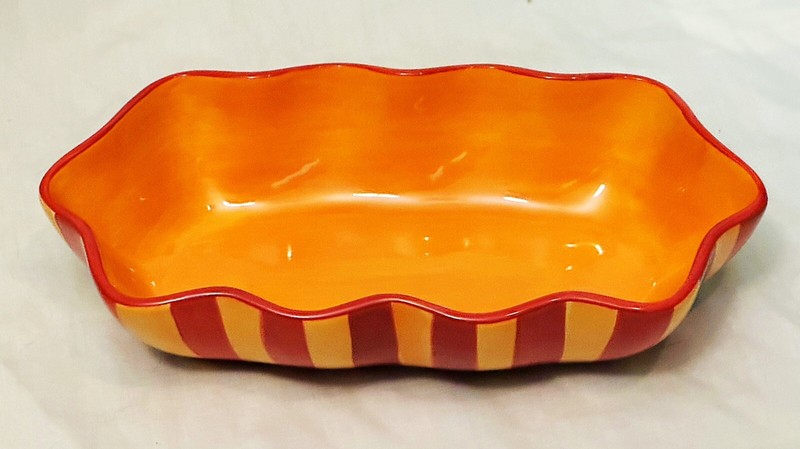 Gail Pittman Siena Ruffled Serving Bowl 11.25 Inches Striped Red & Yellow-Orange