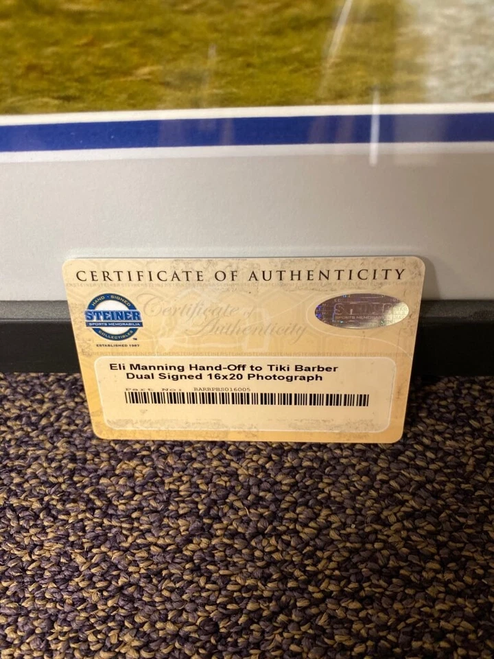 ELI MANNING TIKI BARBAR DUAL SIGNED GIANTS SIGNED FRAMED 16X20 PHOTO STEINER COA - Image 3 of 4