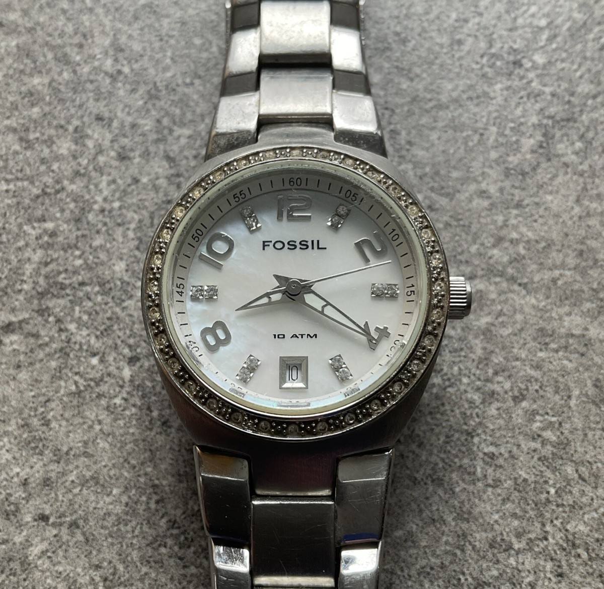 Fossil Watch Women AM-4141 Pave Silver Tone 28mm Case 