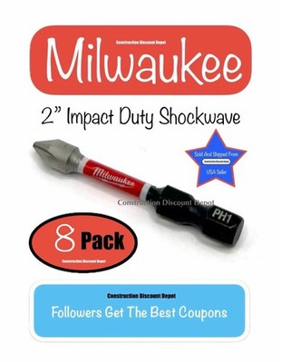 8 Pack Milwaukee Shockwave Impact Duty 2'' In. Drill Bits Phillips #1 PH1