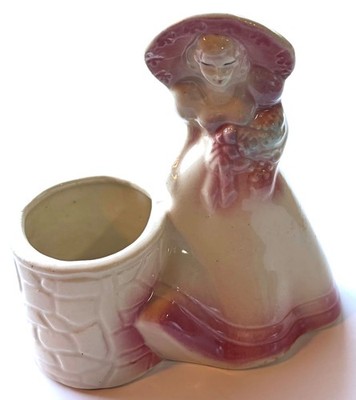 Vintage Ceramic Planter Girl With Sun Hat by a well - White, Pink, & some Blue