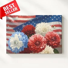 Canvas Elegant Patriotic Hydrangeas Red Wall Art Blue Blooms American Flag Close