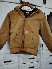 Carhartt Youth Medium 10-12 Brown Heavy Canvas Hooded Lined Coat Jacket