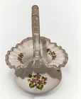 Vintage Fenton Violets In The Snow Hand Painted Glass White Wedding Basket Vase