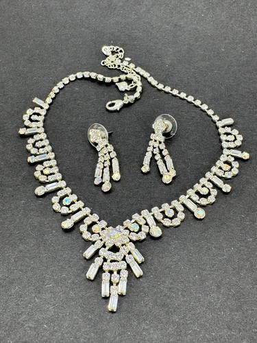 Rhinestone Necklace 16" choker  pierced drop earrings Silver Tone Sparkles case - 第 5/10 張圖片