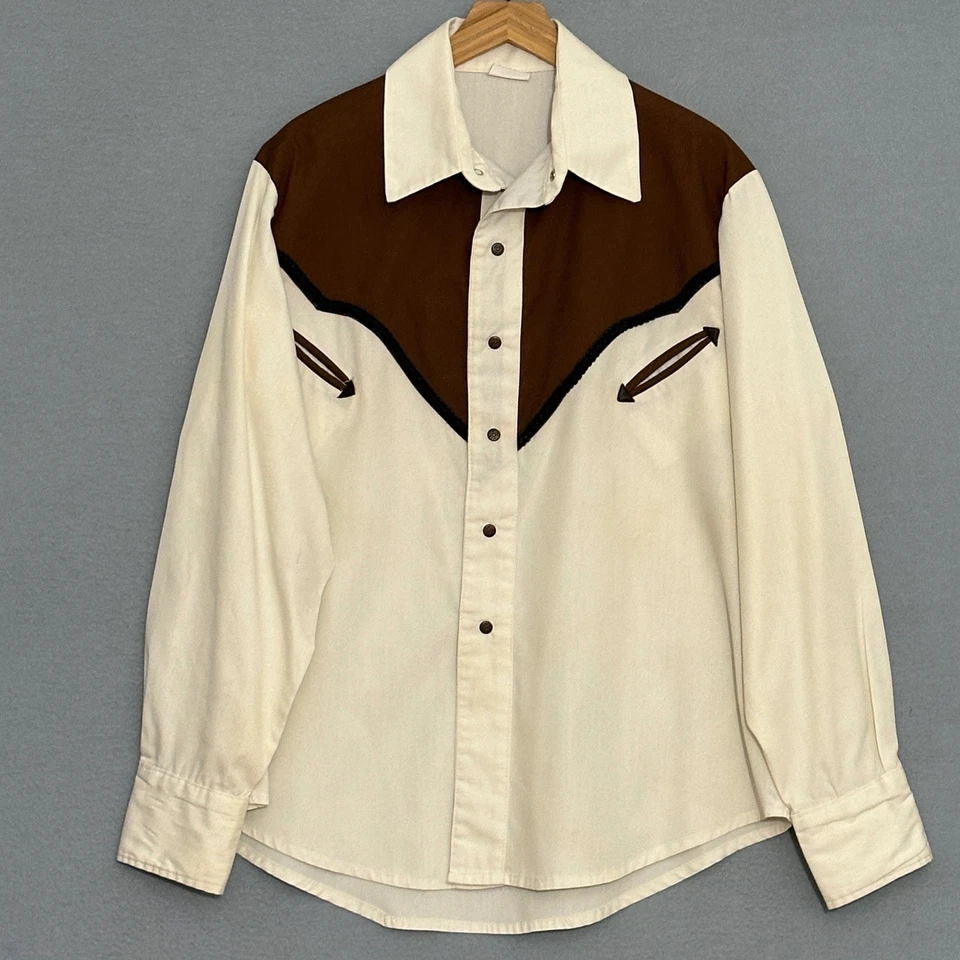 Vintage 70s Mens Western Shirt L Long Sleeve Brown Cream Snap Cowboy Rockabilly - Image 2 of 4