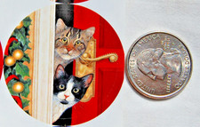 set 12 stickers round envelope seals Christmas CATS doorway cat holly lights