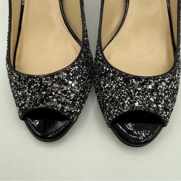 Zapatos de salón Jimmy Choo ISABEL TELA BRILLANTE GRUESA PLATA-NEGRO Peep Toes talla 6,5 EE. UU. Foto 3 de 4