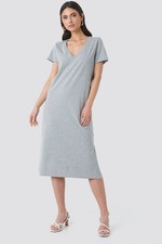 NA-KD Women's Dress V-Neck Jersey Dress Grey Melange, Grey, XS