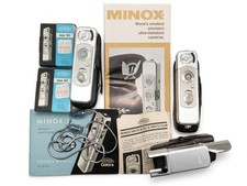 Vintage Minox B Spy Cameras Lot x2 Complan 15mm Cases Film Manuals Chain Flash