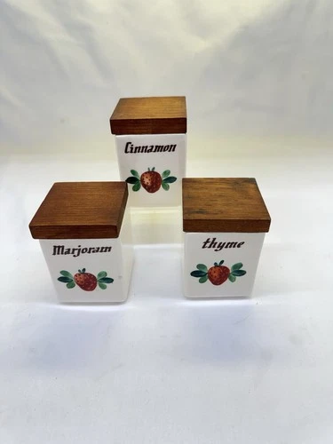 Set of 3 Vintage Bauer USA Pottery Strawberry Spice Jars With Wooden Lids