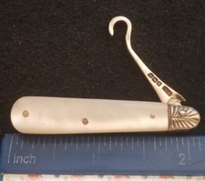 Victorian Era Sterling Silver Folding Button Hook , Mother Of Pearl Handles