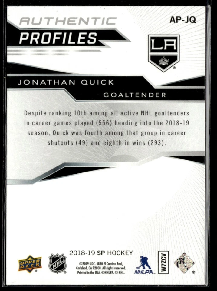 2018-19 SP Authentic Profiles blue Jonathan Quick #AP-JQ - Image 2 of 2