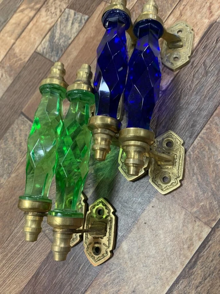Manija de puerta de latón de vidrio verde y azul cobalto estilo antiguo de 5,5"" cristal/cortado 4 piezas Foto 3 de 4