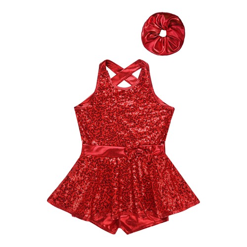 Girls Outfits Sequined Set Dance Costume Sequins Dress Waist Bowknot Leotard - Picture 37 of 56