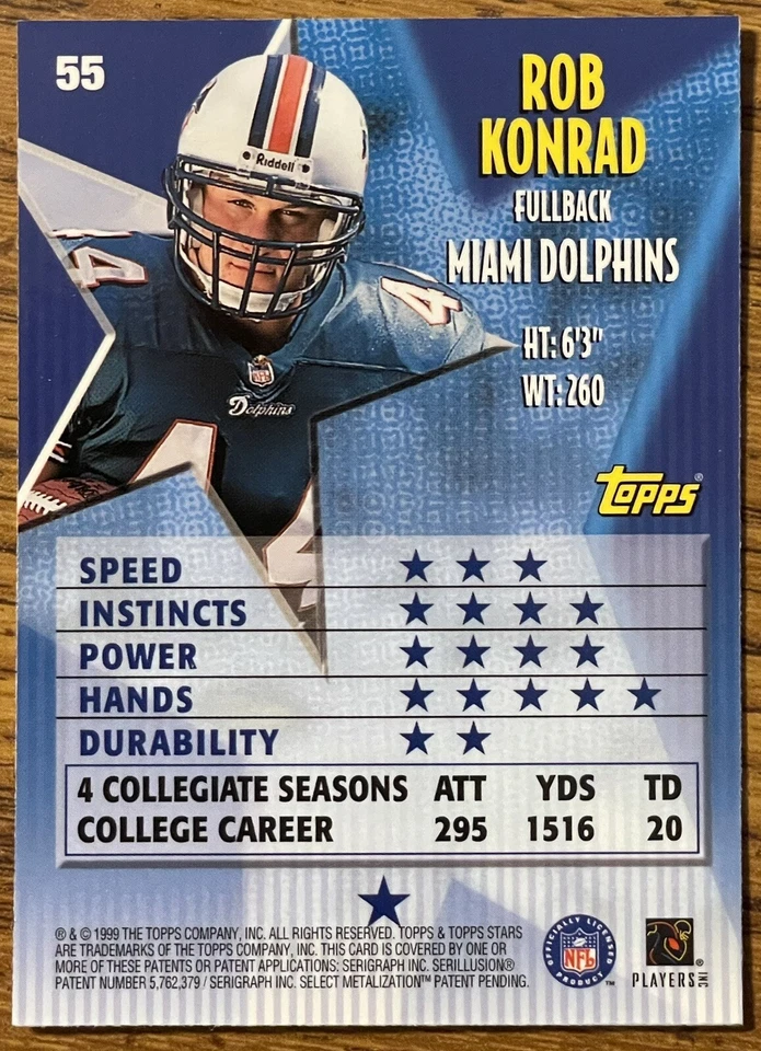 Rob Konrad 1999 Topps NFL Stars Rookie Card #55 Miami Dolphins RC Free Shipping - Image 2 of 3