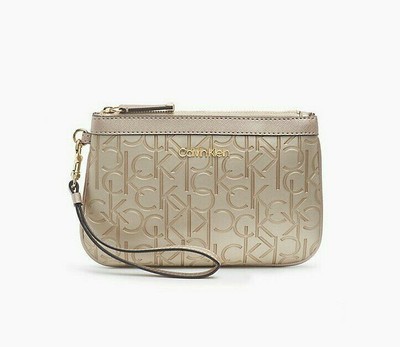 Calvin Klein Women's Embossed Monogram Logo Large Zip Wristlet Pewter