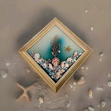 Vintage Seashell Art MCM Wall Hanging Framed Under The Sea Florida 1960's 