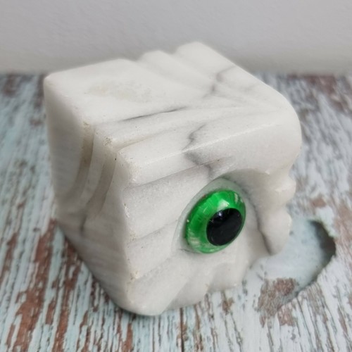 Marble Owl Face Green Googly Eyes Paperweight White Vintage Young Dragon Armor - Picture 5 of 9