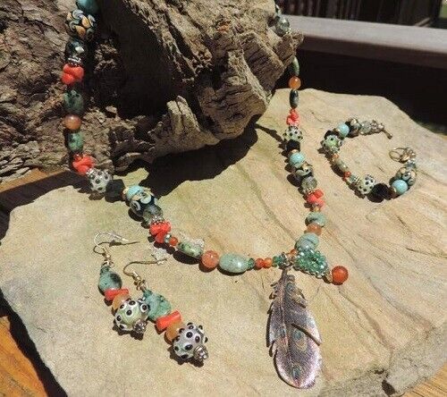 Necklace Set - Metal Feather - Lamp Work Glass, Carnelian, Coral, Jasper