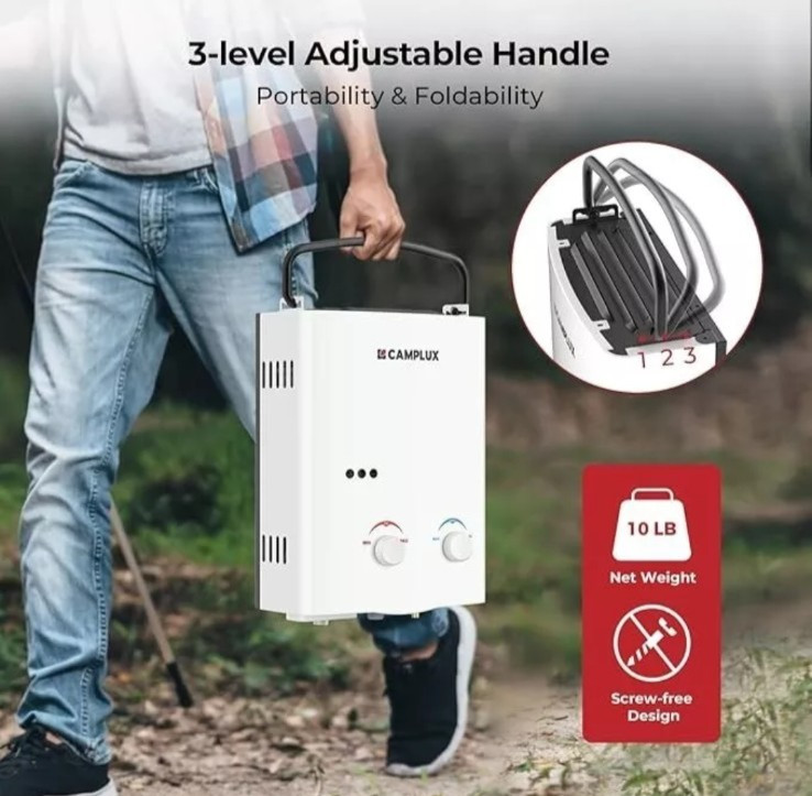 CAMPLUX Tankless Gas Camping Water Heater 5L, 1.32 GPM, Propane AY132 White NWOB