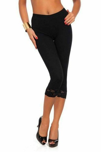 Women's Capri Ultra Soft Lace Trim classy Leggings Stretchy 3/4 Cropped Pants UK - Picture 2 of 11