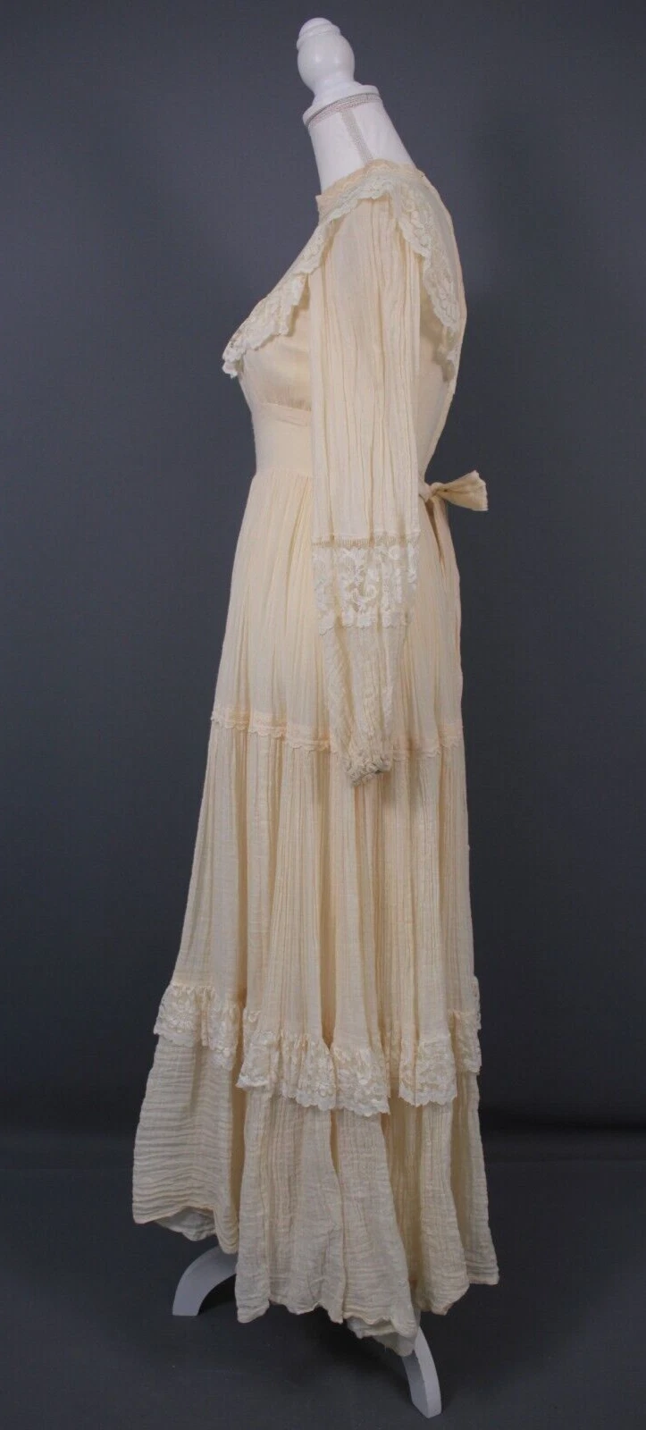 OFF WHITE Maxi abito vintage anni '70 crema sax prairie anni '70 abito da sposa in pizzo bianco sporco