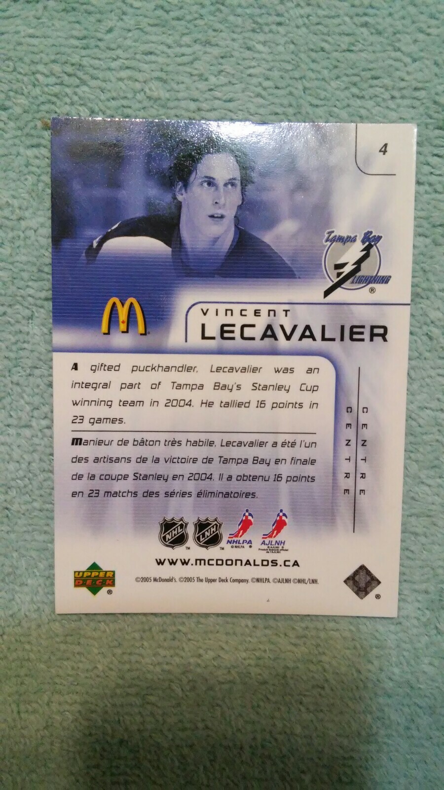 2005-06 McDonalds Upper Deck NHL VINCENT LECAVALIER Tampa Bay Card #4 - Picture 2 of 2