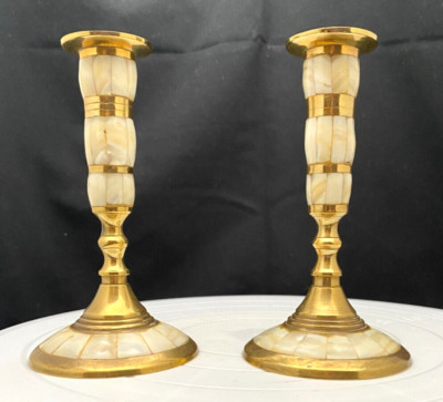 ELEGANT VINTAGE PAIR OF BRONZE AND MOTHER OF PEARL CANDLE HOLDERS c1970 v/g
