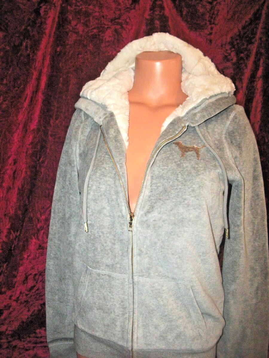 Victorias Secret Pink Fashion Show Velour Sequins Bling Fur Hoodie
