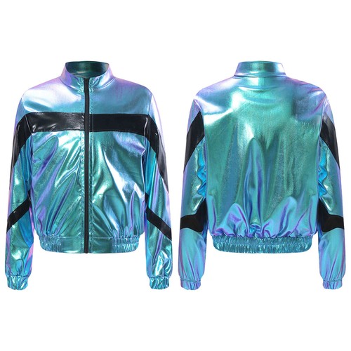 Girls Boys Metallic Bomber Moto Jacket Coat Hip Hop Jazz Modern Dance Disco Top - Picture 97 of 117