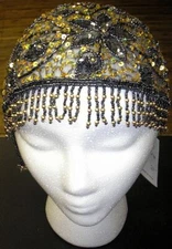 Adini Hand Beaded Hematite & Gold Beaded Juliet Head Cap