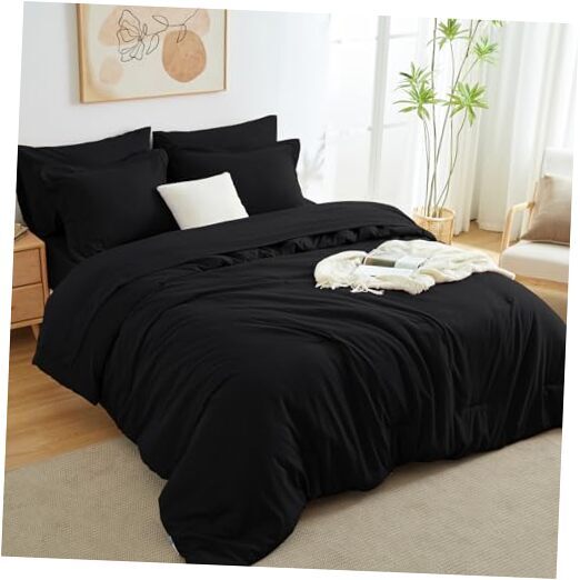 Comforter Set 7 Pieces Bed in a Bag Soft Bedding Comforter Set with Full Black-image
