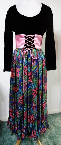 Vintage 70s Maxi Dress Hostess Gown Hippie Flower Child Velvet Lace-up MINT