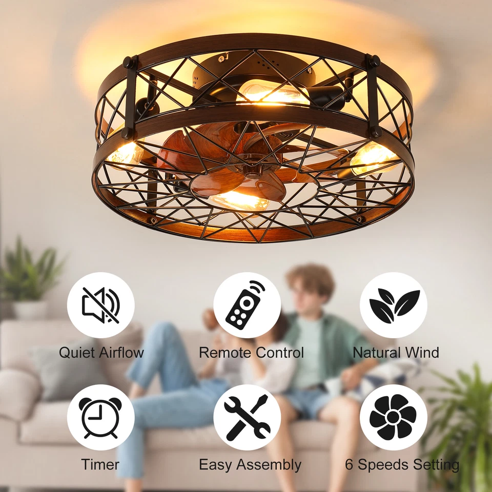 20" Farmhouse Caged Ceiling Fan Light Flush Mount Lights kit With Remote Control - Image 3 of 4
