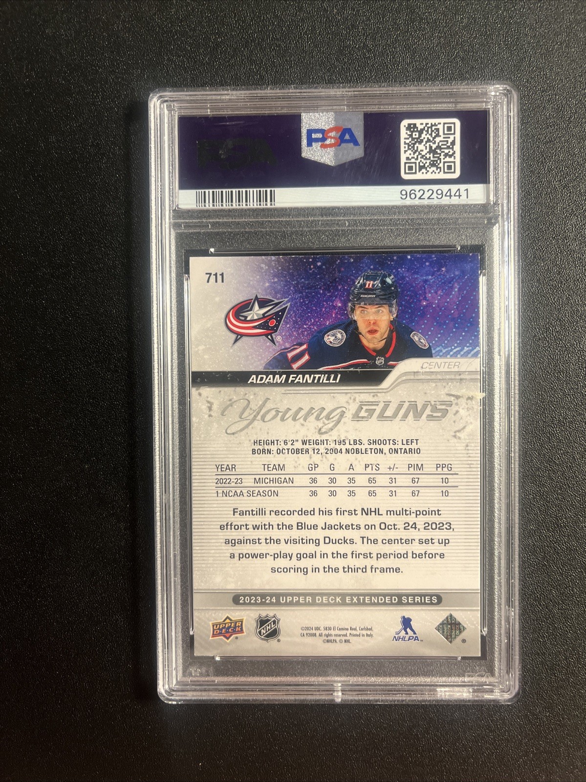 2023-24 Upper Deck Young Guns Adam Fantilli PSA 10 #711 Rookie RC view 2