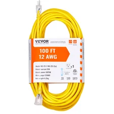 VEVOR 100FT Extension Cord 12AWG 15Amps 1875W 3 Prongs with Lighted End