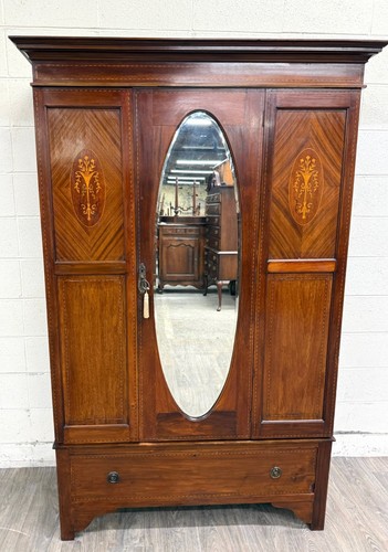 Antique Early 20th Century Edwardian Mahogany Wardrobe with Oval Mirror Door