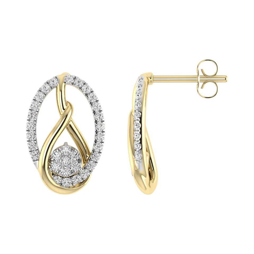 Aretes con forma ovalada de diamantes naturales en racimo de corte redondo de 0,25 quilates en oro de 10 quilates Foto 2 de 3