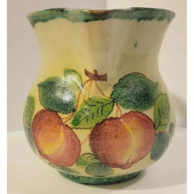  L.P.W. Italy Hand Painted Glazed Pottery Pitcher Peaches on Beige with Green 