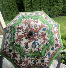 VTG Chinese Childrens Parasol Umbrella Cloth  Wood Doll Handle Swallow Brand
