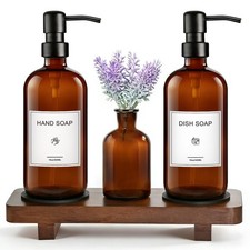 Kitchen Soap Dispenser Set with Wood Tray, 16oz Amber Glass Soap Dispensers w...
