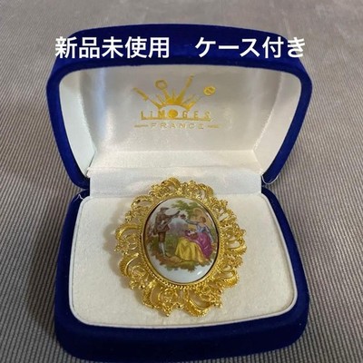 [New and unused] Limoges Brooch Pendant Top Porcelain Metal Antique