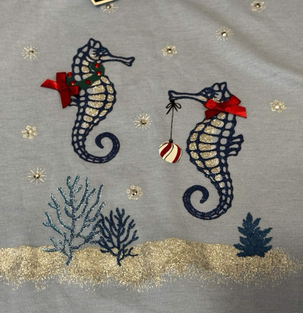 Karen Scott Whimsy Seahorse Holiday Top Blue Petite XL Christmas Rhinestone NEW image 2