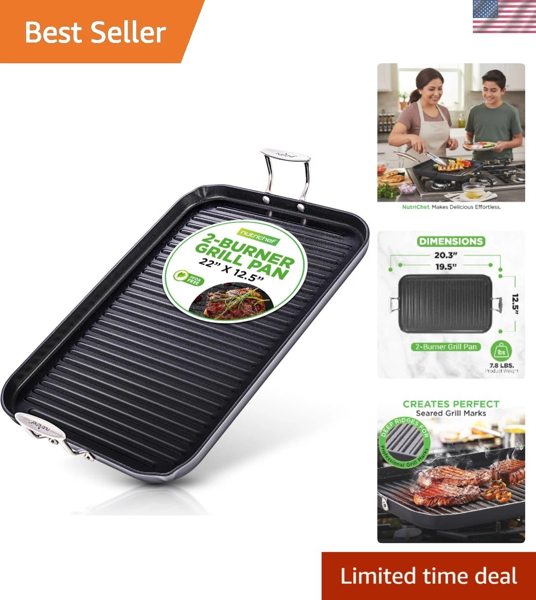 20"x13" Stove Top Grill Pan - Double Burner, Hard-Anodized Non stick Grill & ...