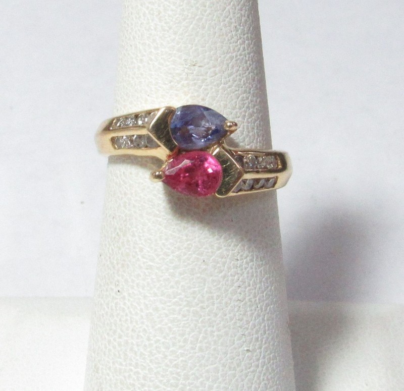 SOLID 14K GOLD RING W/ NATURAL PINK TOURMALINE, TANZINITE, AND DIAMONDS